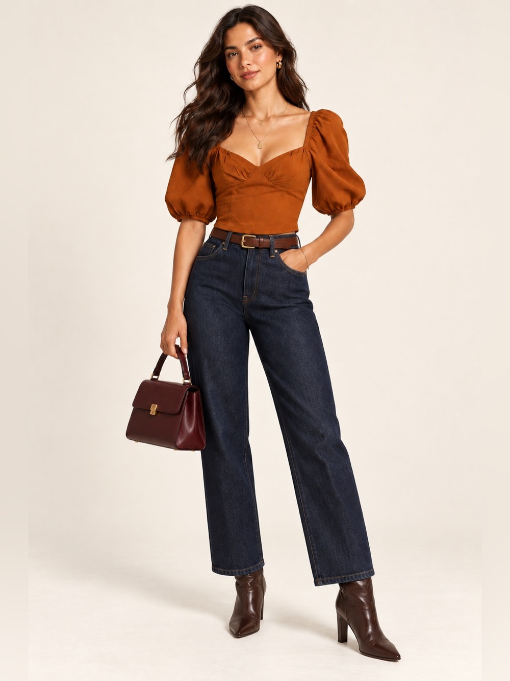 Aritzia Wilfred Blouse Womens Medium Rust Puff Sleeve Sweetheart Neck Crop Top